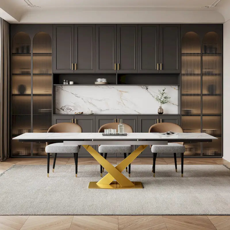 9 - Piece 94.48Rectangular Extendable Sintered Stone Dining Table with 8 Faux leather Chairs Dining Set