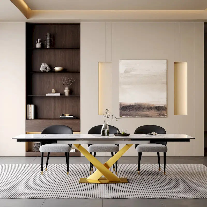 9 - Piece 94.48Rectangular Extendable Sintered Stone Dining Table with 8 Faux leather Chairs Dining Set