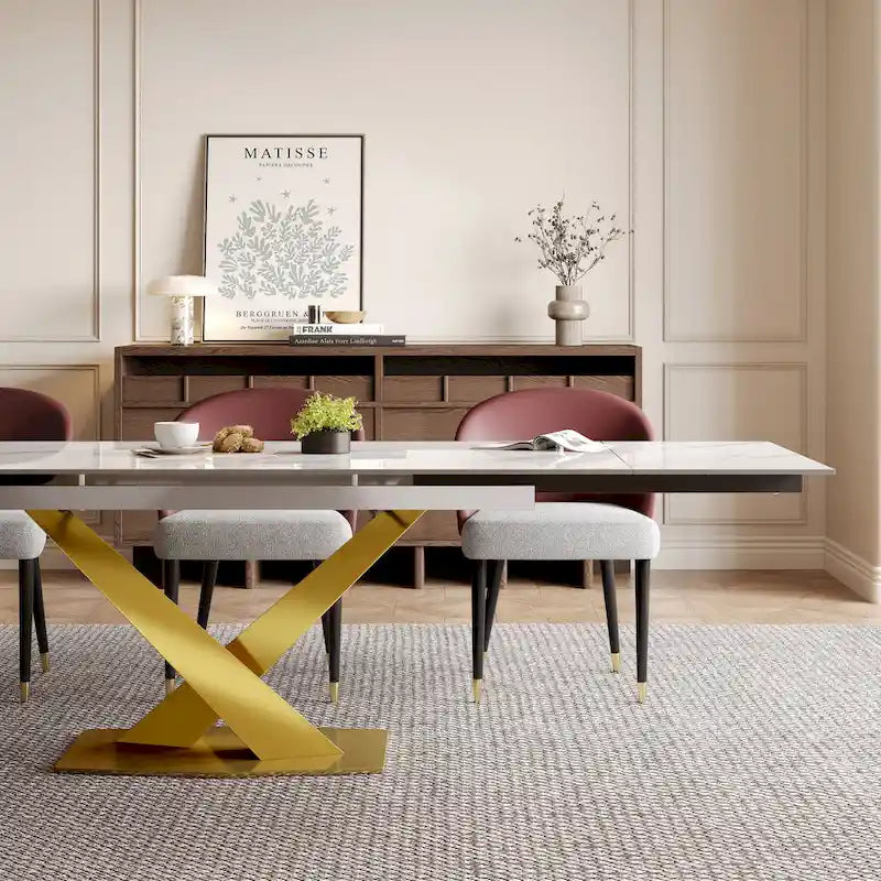 9 - Piece 94.48Rectangular Extendable Sintered Stone Dining Table with 8 Faux leather Chairs Dining Set